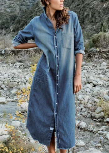 RORY Famous Denim Maxi Dress in Distressed Vintage Fashionable Chiffon Tiered Maxi Dress