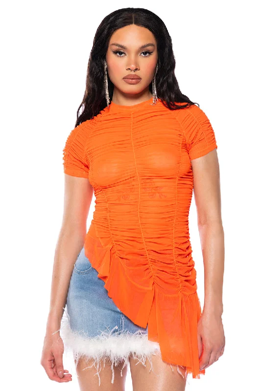 RORY RUCHED MESH ASYMMETRICAL SHORT SLEEVE TSHIRT Classic Basic Short Shirt