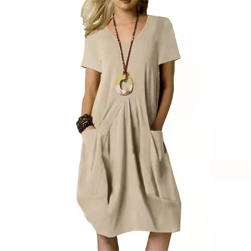 Round-neck Hot Solid Loose Pocket Design Women Midi Dresses Elegant Pleated Detail Midi Dress Round-neck Hot Solid Loose Pocket Design Women Midi Dresses Elegant Pleated Detail Midi Dress