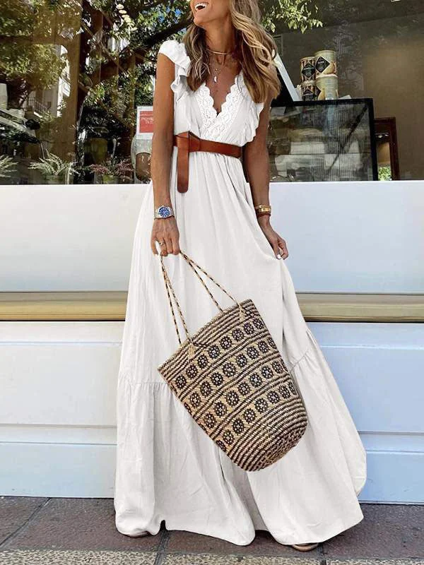 Ruffle V Neck Sleeveless Maxi Dress Elegant Pleated Maxi Dress