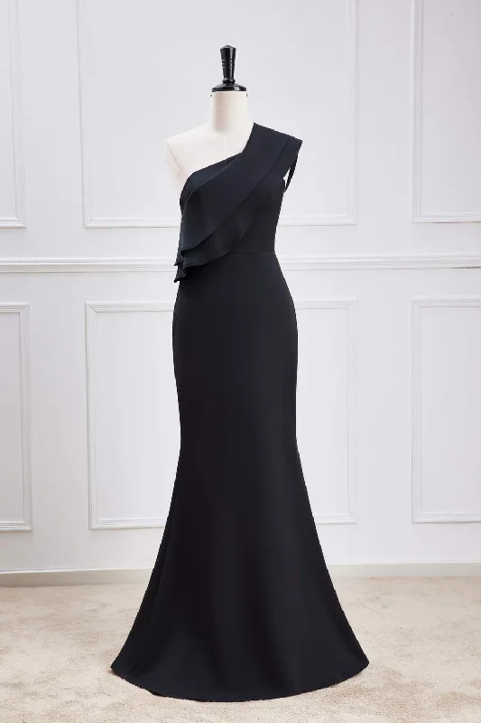 Ruffled One Shoulder Black Chiffon Maxi Dress Fashionable Faux Wrap Maxi Dress
