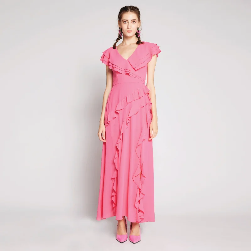 Ruffles Chiffon Maxi Dress Trendy Maxi Dress with Belt