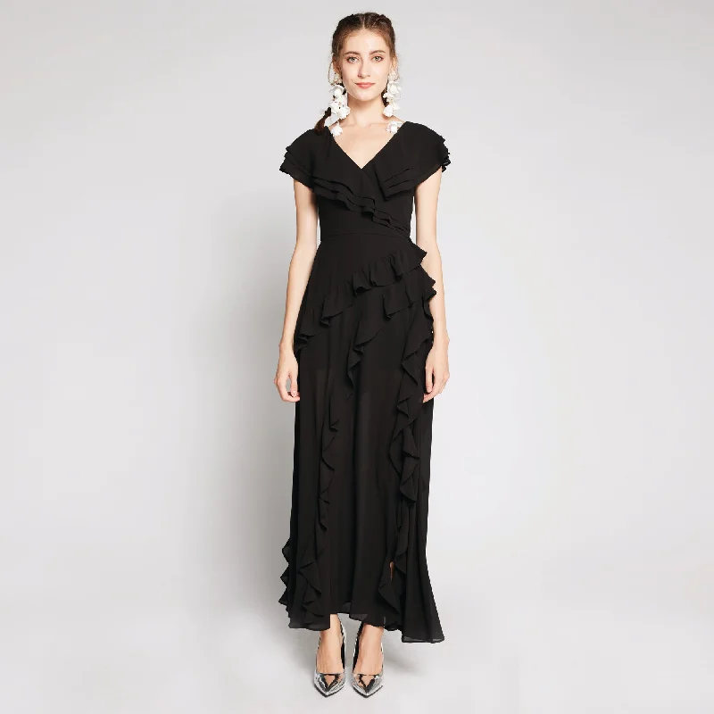 Ruffles Chiffon Maxi Dress Fashionable Printed Maxi Dress