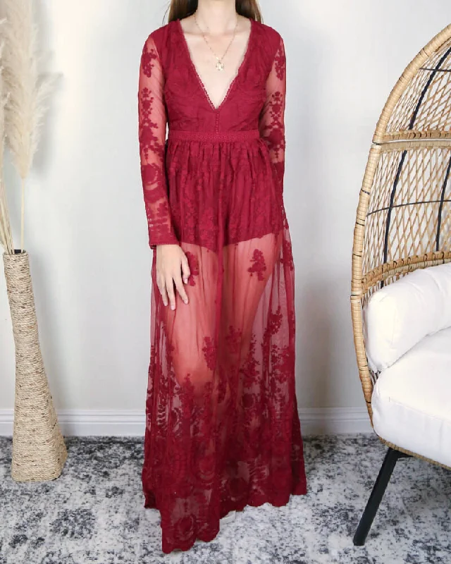 Say My Name Embroidered Maxi Dress in Deep Red Comfortable Maxi Dress with Sleeves