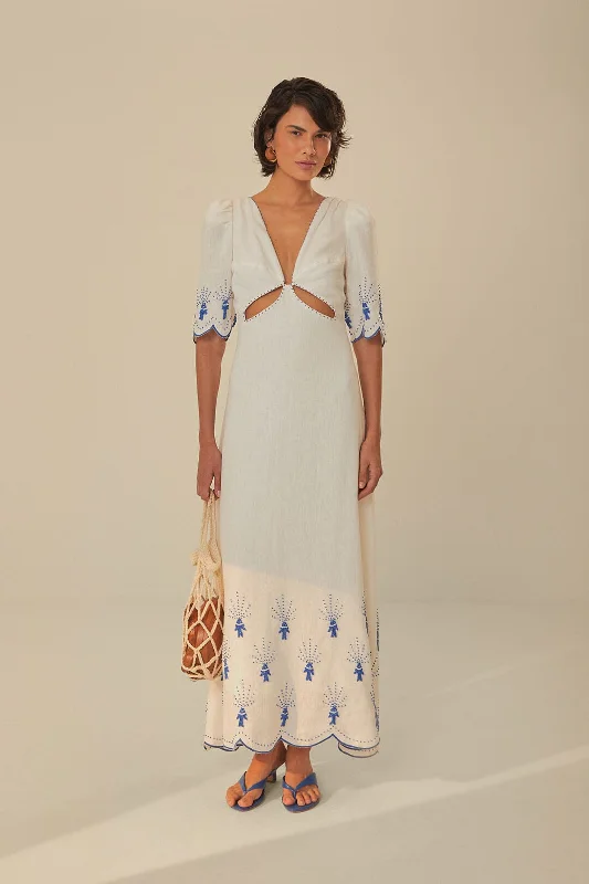 Off-White Sea Of Fish Embroidered Midi Dress Elegant Lace Trim Midi Dress
