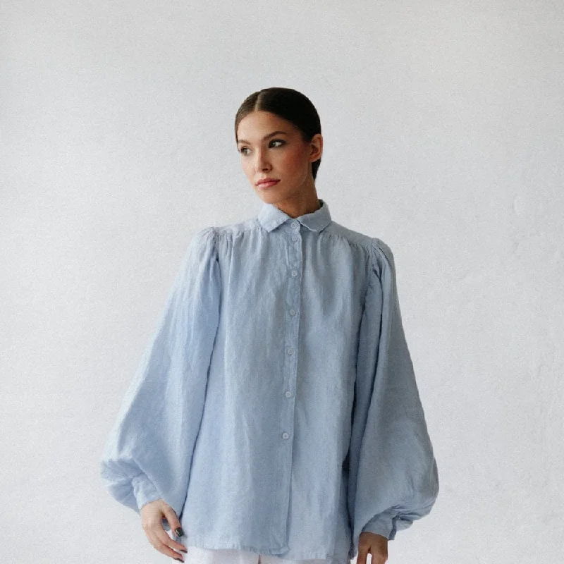 Seaside Tones Linen Boho Shirt - Light Blue Fashionable Rounded Short Shirt