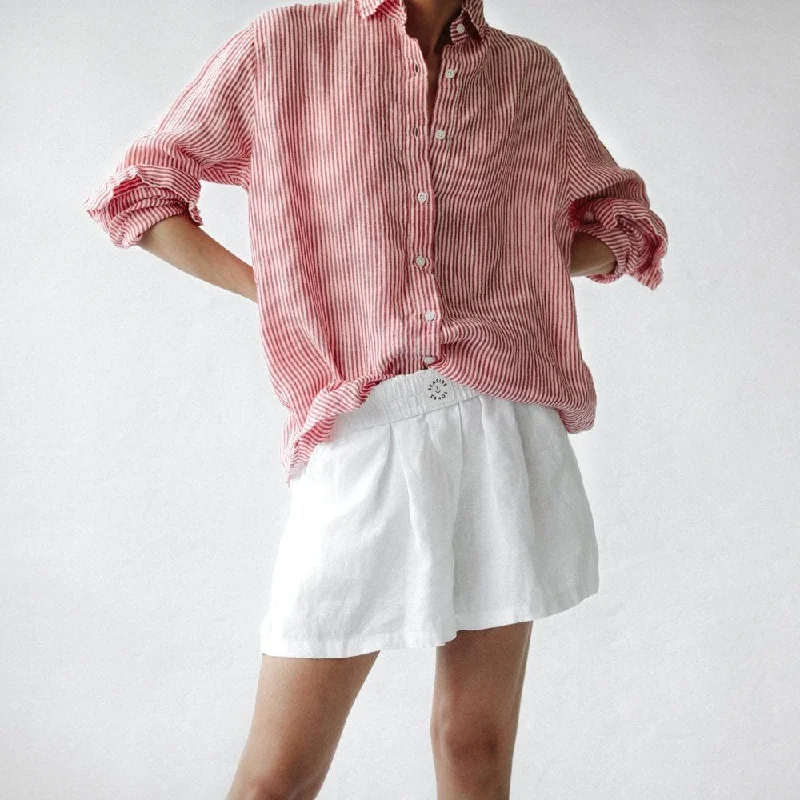 Seaside Tones Linen Striped Shirt Stylish Pleated Short Sleeve