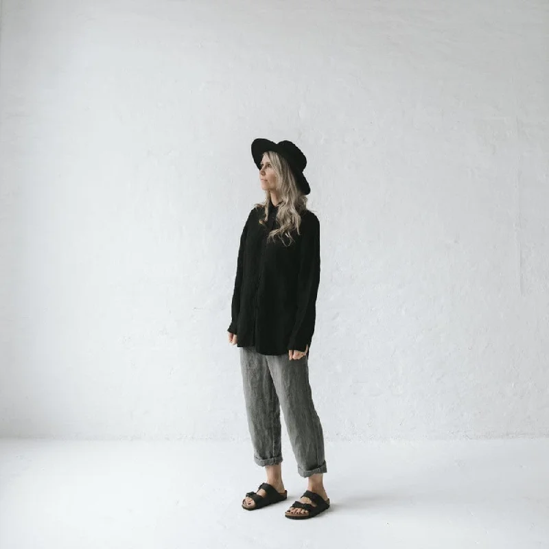 Seaside Tones Linen Long Sleeve Shirt - Black Fashionable Tied Short Sleeve