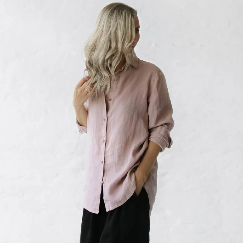 Seaside Tones Linen Long Sleeve Shirt - Dusty Pink Classic Cropped Short Sleeve