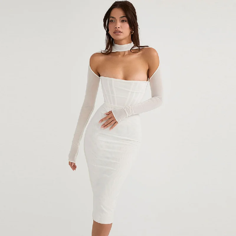 BerryBetty - Cut Out Long Sleeve Mesh Bodycon Cocktail Midi Dress - White Elegant Lace Trim Midi Dress BerryBetty - Cut Out Long Sleeve Mesh Bodycon Cocktail Midi Dress - White Elegant Lace Trim Midi Dress