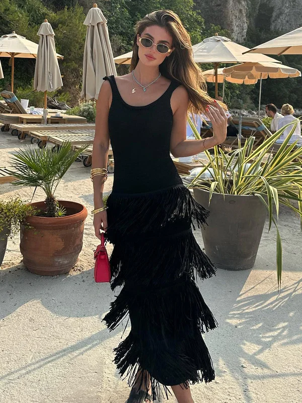 BerryBetty - Shimmy Fringed Midi Dress Comfortable Sleeveless Midi Dress