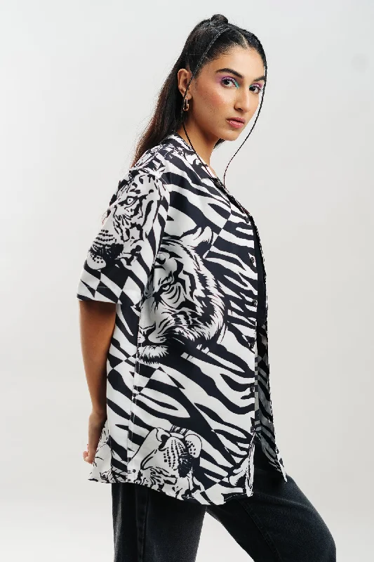 Monochrome Tiger Shirt Fashionable Sheer Short Shirt