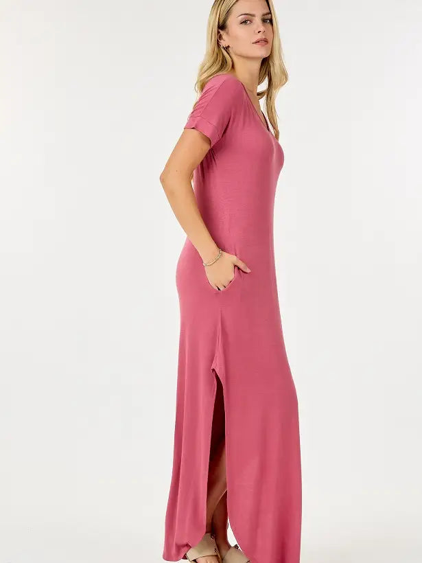 Short Sleeve Scoop Neck Maxi Dress with Side Slits Cozy Ribbed Maxi Dress