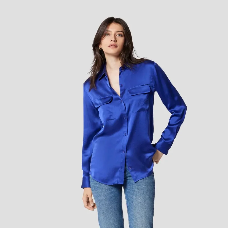 Signature Silk Satin Shirt (Spectrum Blue) Casual Slouchy Short Sleeve