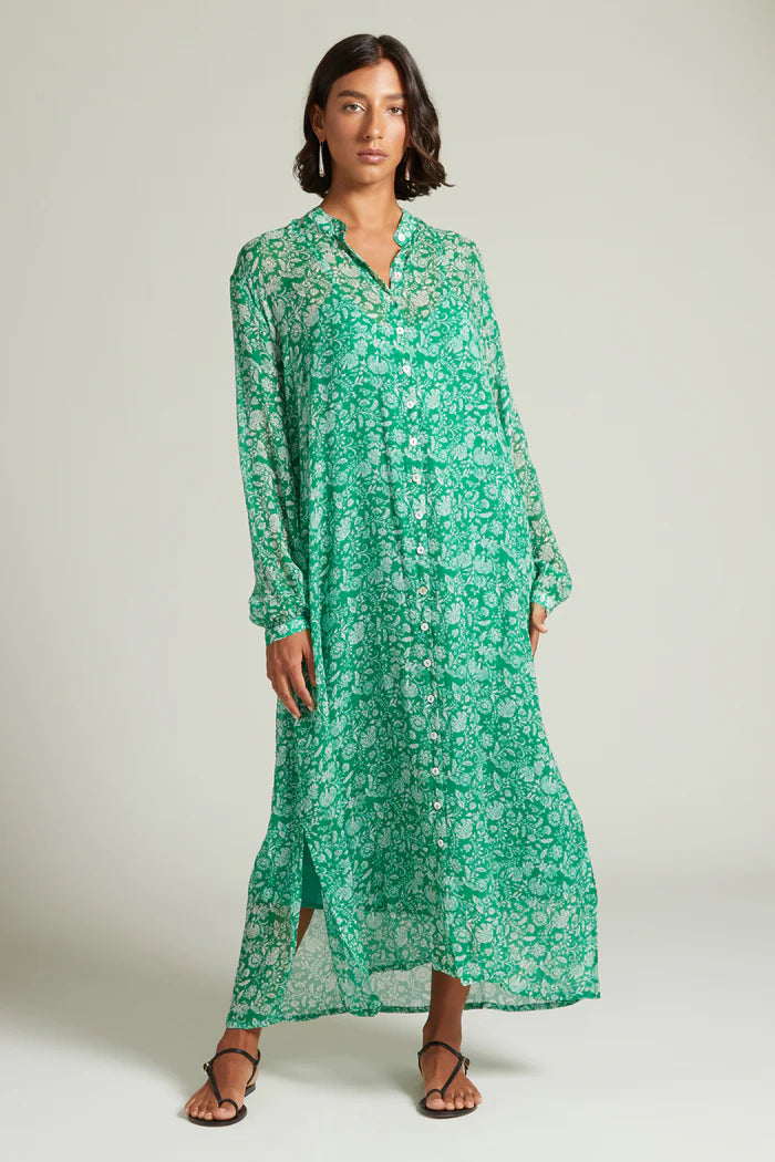 Silk Long Sleeve Button Down Maxi Dress in Jelly Bean Comfortable Bohemian Maxi Dress