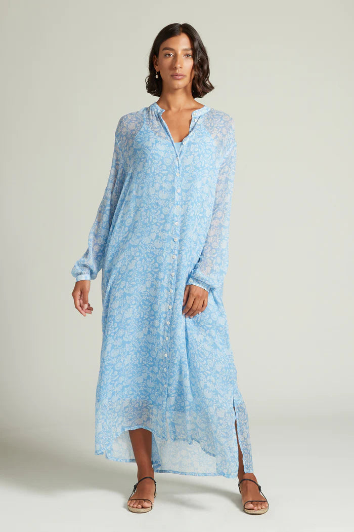Silk Long Sleeve Button Down Maxi Dress in Little Boy Blue Classic Tulle Maxi Dress