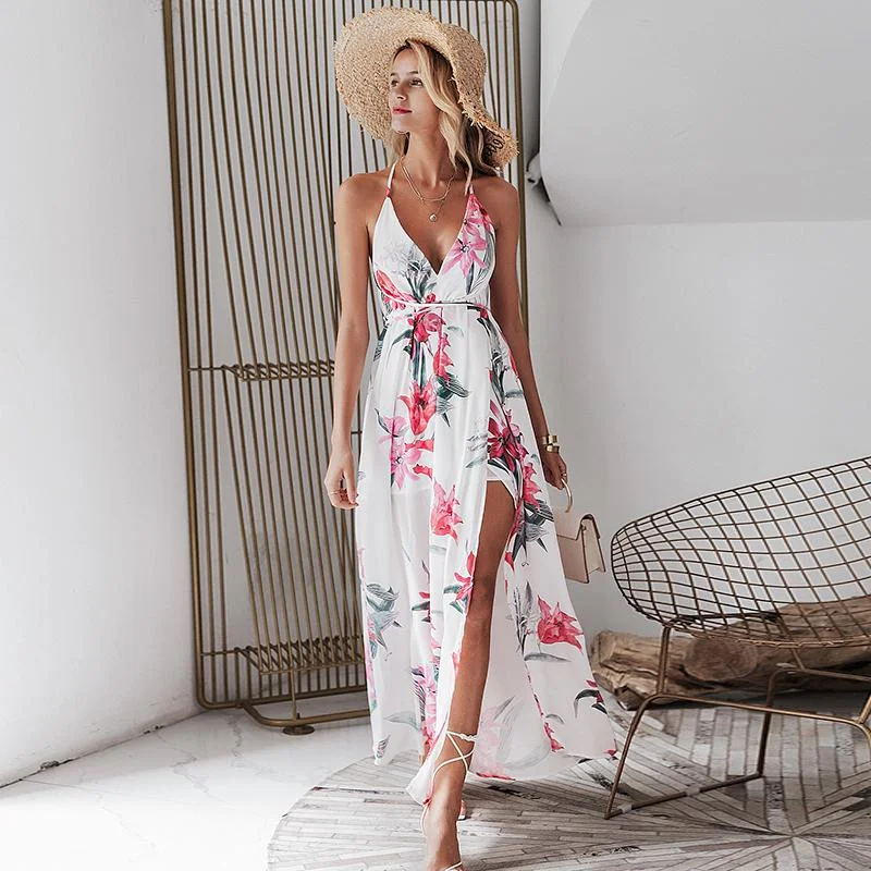 Backless Boho Floral Print Long Dress Chiffon Summer Maxi Dress Trendy Maxi Dress with Belt