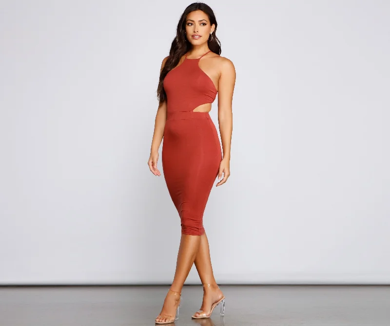 Sleek Trendsetter Lace Up Midi Dress Trendy Smocked Detail Midi Dress