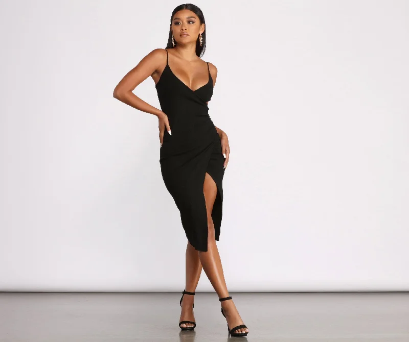 Sleeveless V Neck Asymmetrical Wrap Ribbed Midi Dress Chic Off-Shoulder Midi Dress