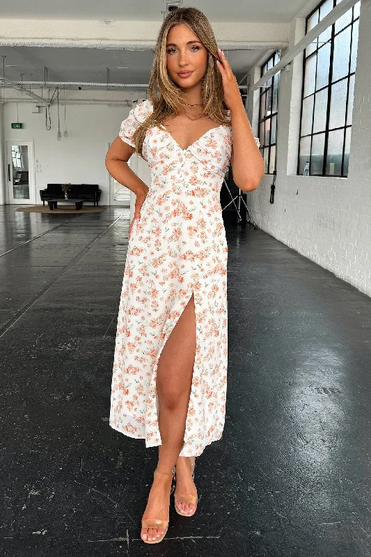 Solem Midi Dress - Orange Floral Fashionable Plaid Midi Dress
