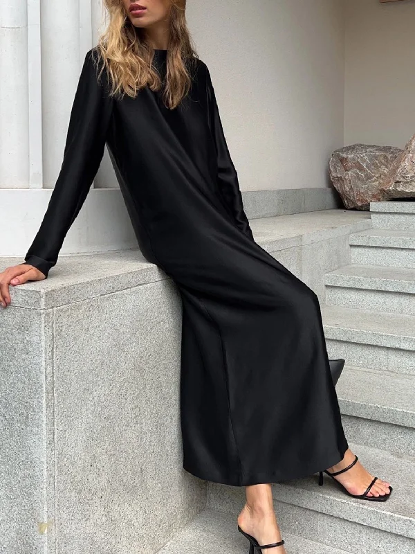 Solid Color Long Sleeve Slit Satin Maxi Dress Comfortable Maxi Dress with Slits