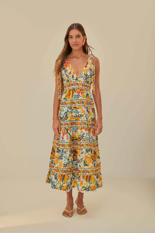 Blue Spring Bananas Midi Dress Trendy Mock Neck Midi Dress