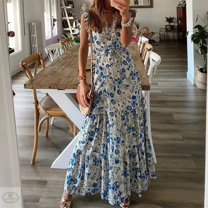 Ruffled Short Sleeve Floral Maxi Dress Comfortable Bohemian Maxi Dress