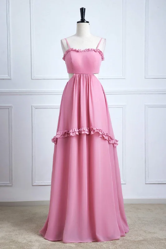 Straps Powder Pink Bow Tie Back Ruffle Chiffon Maxi Dress Stylish Boho Maxi Dress