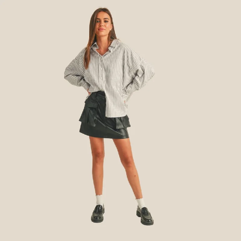 Striped Pattern Button Down Oversized Shirt (Grey) Casual Boxy Short Shirt