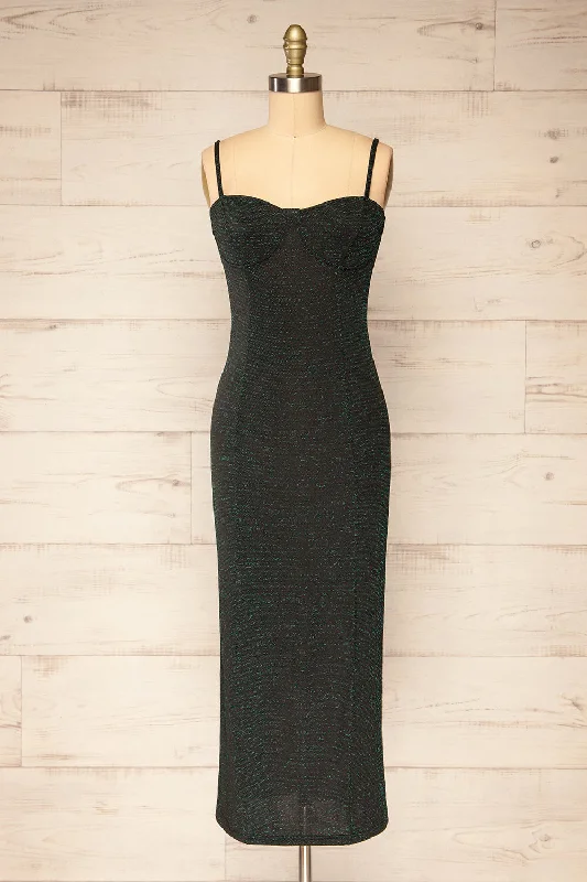Suai Green | Fitted Midi Dress w/ Back Slit Stylish Halter Neck Midi Dress