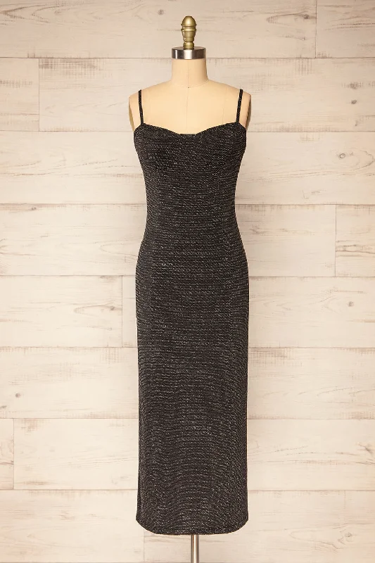 Suai Silver | Fitted Midi Dress w/ Back Slit Fashionable High-Neck Midi Dress
