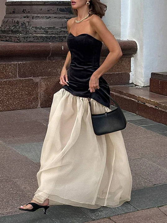 Suede Patchwork Tube Top Maxi Dress Elegant Sleeveless Maxi Dress