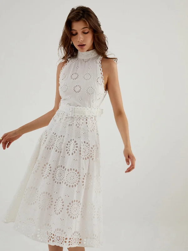 BerryBetty - Sunflowers Eyelet Midi Dress Trendy Off-Shoulder Ruffle Midi Dress