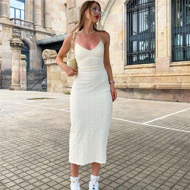 BerryBetty - Sweet Textured Split Trim Low Back Sleeveless Halter Midi Dress - White Cozy A-Line Midi Dress BerryBetty - Sweet Textured Split Trim Low Back Sleeveless Halter Midi Dress - White Cozy A-Line Midi Dress