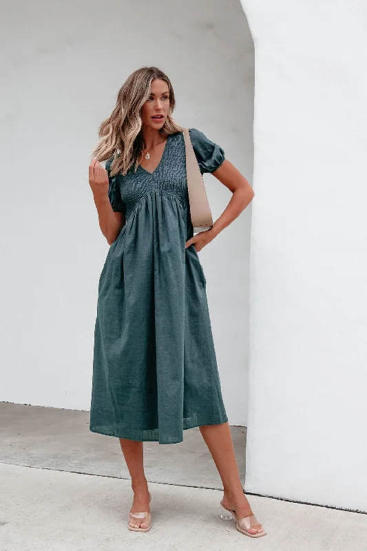 Teal Puff Sleeve Textured Midi Dress Trendy Shift Midi Dress