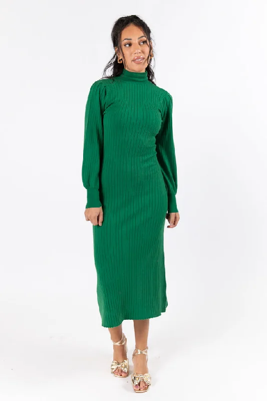 Through The Years Green Turtleneck Midi Dress Comfortable Stretch Midi Dress