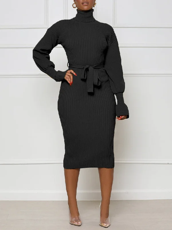 Tie Up Turtleneck Knit Maxi Dress Trendy Printed Maxi Dress