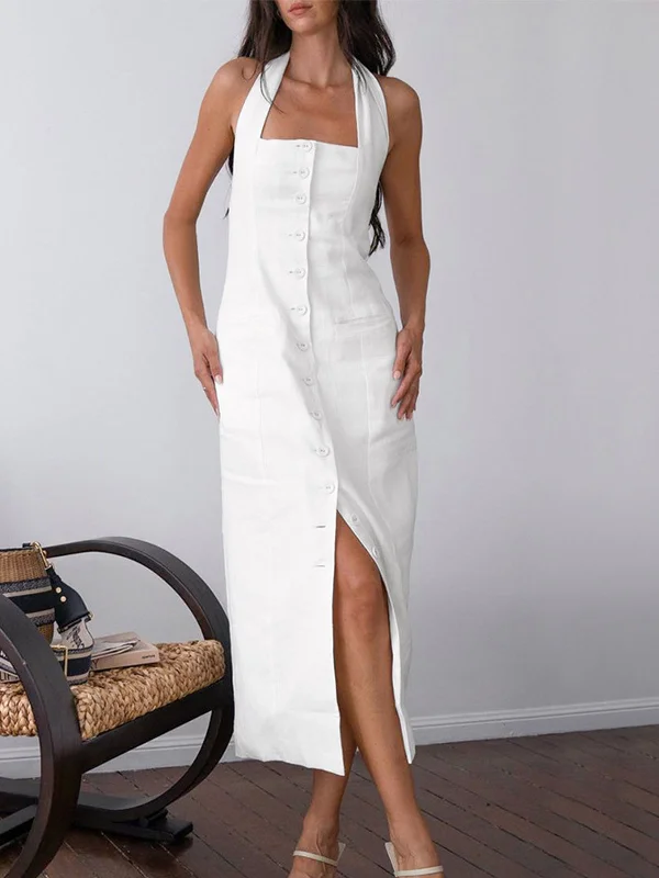 BerryBetty - Tied Halter Open Back Cotton Linen Midi Dress Elegant Sleeveless Midi Dress BerryBetty - Tied Halter Open Back Cotton Linen Midi Dress Elegant Sleeveless Midi Dress