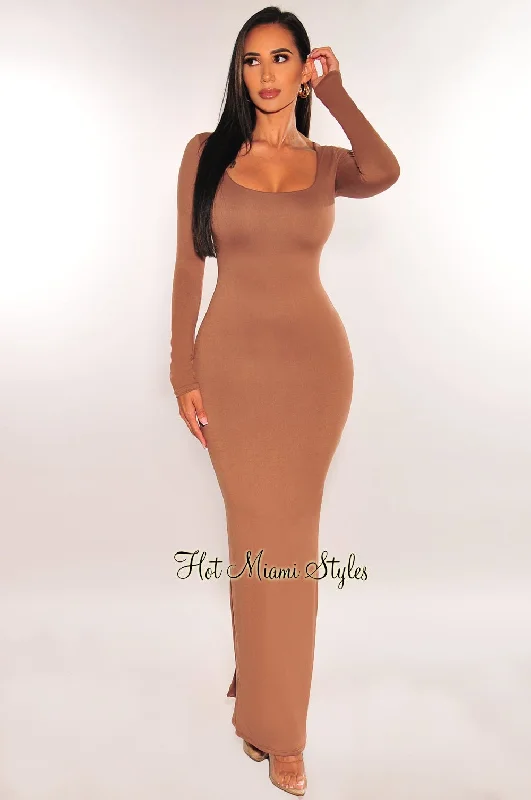 Toffee Round Neck Long Sleeve Maxi Dress Trendy A-Line Maxi Dress