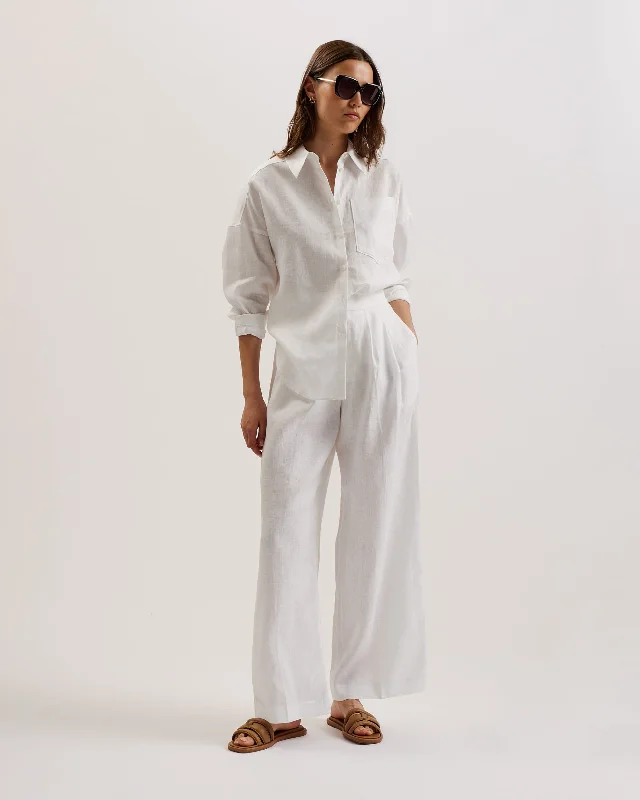 Toloca Oversized Longline Linen Shirt White Cozy Printed Short Shirt