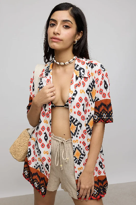Tribal Print Women's Resort Viscose Shirt Comfortable Stretch Short Shirt