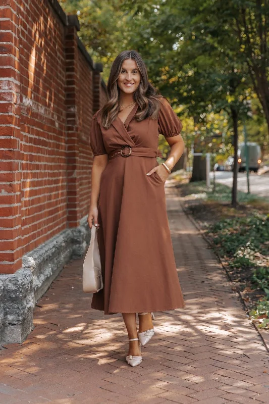 True Autumn Brown Belted Midi Dress Fashionable A-Line Midi Dress