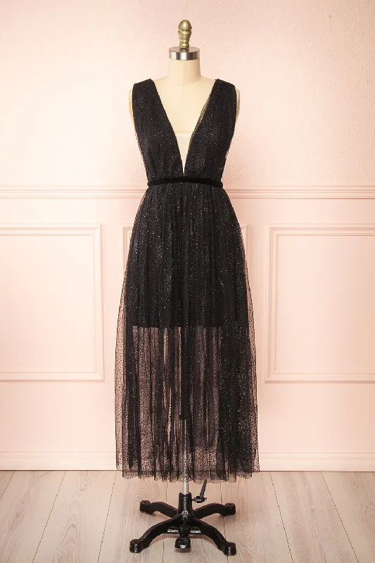 Tsuyu | Plunging Neckline Sparkling Midi Dress Trendy Ruffled Sleeve Midi Dress