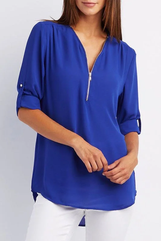 V-neck zipper large size women's long-sleeved pull-sleeve loose commuter chiffon shirt Cozy Plain Short Sleeve