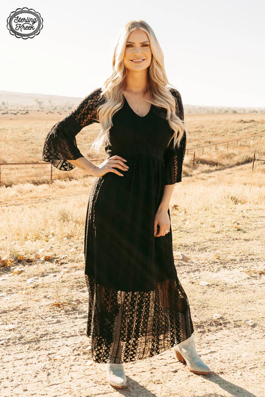 Victorian Lace Black Maxi Dress Comfortable Maxi Dress with Belt