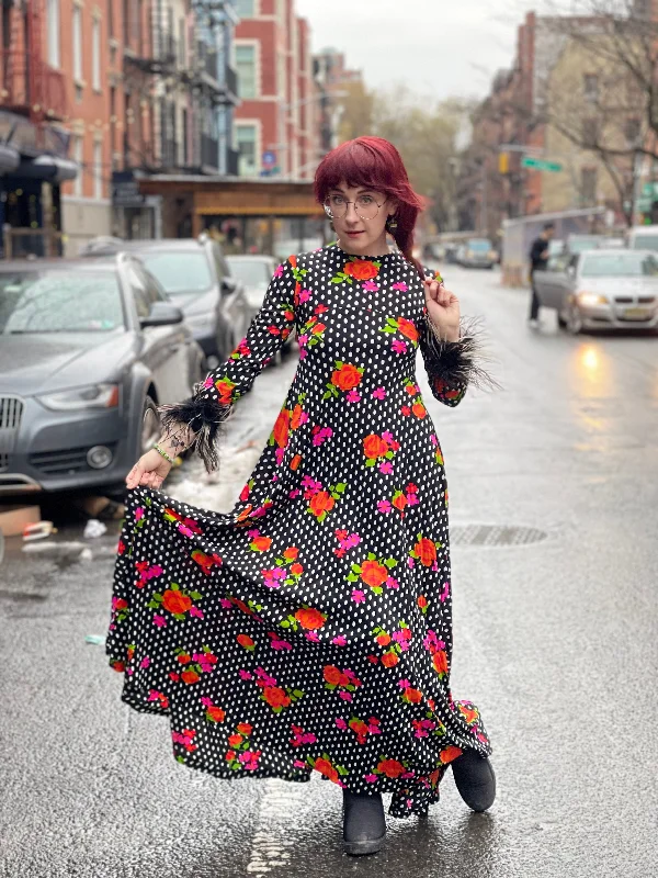 Vintage 70s Polka Dot Ostrich Feather Maxi Dress Comfortable Maxi Dress with Sleeves