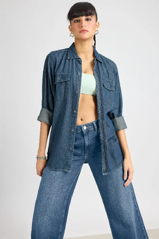 Vintage Washed Women's Denim Shirt Classic Solid Short Shirt