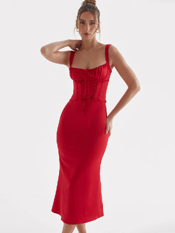 Vivian Spaghetti Strap Backless Midi Dress Elegant Satin Midi Dress