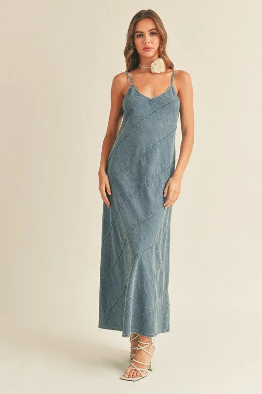 Washed Denim Detail Maxi Dress Fashionable Sheer Maxi Dress