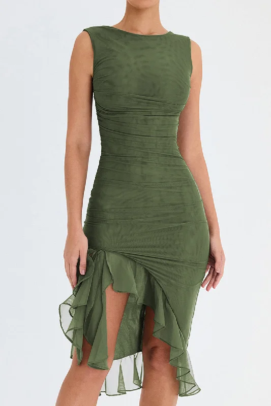 Wendy Ruffle Ruched Midi Dress Stylish Button-Down Midi Dress